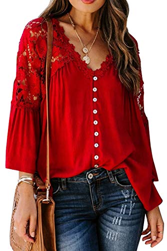 Aleumdr Spitze Bluse Damen Elegant Tunika Bluse Langarm Causal Tops Lose Langarmshirt Vintage Tunika Shirt Einfarbig Rot S von Aleumdr