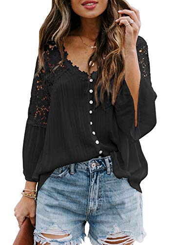 Aleumdr Damen V-Ausschnitt Bluse mit Spitzen Damen Langarm Hemdbluse Elegant Causal Spitze Blusen Tunika Oberteile Top Button-down Hemd Langarmshirt Lässig Vintage Tunika Shirts Top,Schwarz M von Aleumdr