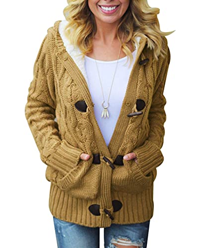 Aleumdr Strickjacke Damen Cardigan Grobstrick mit Kapuze Zopfmuster gefüttert Outwear Langarm für Herbst Winter Gestrickt Winterjacke Warm Braun XXL von Aleumdr