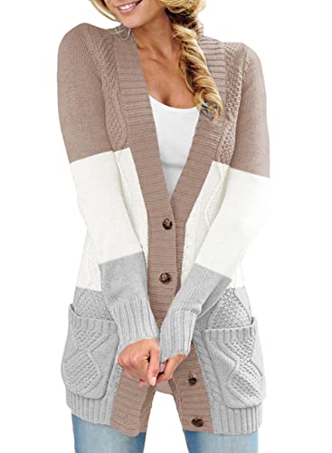 Aleumdr Strickjacke Damen Grobstrick Cardigan Elegant Strickjacken für Damen Strickmantel Herbst Strick Cardigan Lang Damen Strickjacke mit Taschen,Beige S von Aleumdr