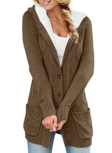 Aleumdr Strickjacke Damen Grobstrick Cardigan Lang Winter Damen Grobstrickjacke Strickmantel mit Kapuze Dicke Strickcardigan Strickjacken für Damen Kaputzenjacken Fleecejacke warm,Dunkelbraun L von Aleumdr