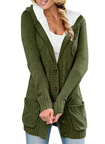 Aleumdr Strickjacke Damen Grobstrick Cardigan Lang Winter Damen Grobstrickjacke Strickmantel mit Kapuze Dicke Strickcardigan Strickjacken für Damen Kaputzenjacken Fleecejacke warm,Grün L von Aleumdr