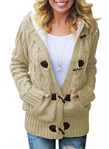 Aleumdr Strickjacken Damen Grobstrick Cardigan Lang Winter Strickjacken für Damen Grobstrickjacke Strickmantel mit Kapuze Dicke Strickcardigan Kaputzenjacken Fleecejacke warm,Beige S von Aleumdr