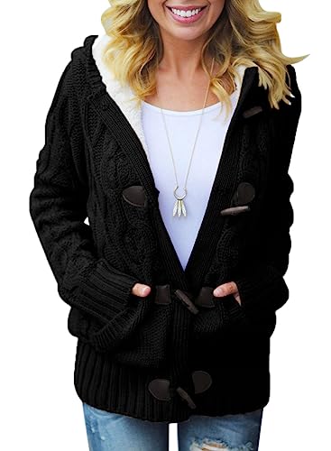 Aleumdr Strickjacke Damen Kapuzenjacke Dicke Samt Gestrickt Knopf Strickjacke Outwear gefüttert Zopfmuster robstrick mit Kapuze Cardigan Schwarz L von Aleumdr