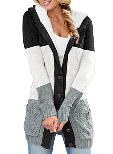 Aleumdr Strickjacke Damen Lang Strickmantel Damen Elegant Strick Cardigan Grobstrick Strickjacken Damen mit Kapuze Herbst Winter Strickmantel mit Knöpfen,Schwarz S von Aleumdr