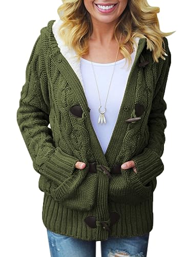 Aleumdr Strickjacke Damen mit Kapuze Grobstrick Strick Cardigan Oversize Damen Strickmantel Strickpullover Kapuzenjacke warm Winter Outwear Grün M von Aleumdr