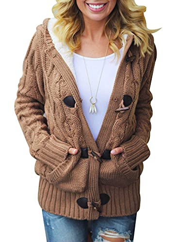 Aleumdr Strickjacke Damen mit Kapuze Grobstrick Strick Cardigan Oversize Damen Strickmantel Strickpullover Kapuzenjacke warm Winter Outwear Khaki L von Aleumdr