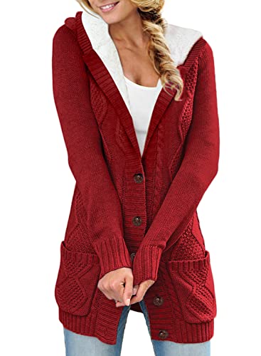 Aleumdr Strickjacke Damen mit Kapuze Lange Strickjacke Damen Cardigan Grobstrick Winter Stickpullover für Damen Strickmantel Dicke Kaputzenjacken gefüttert Slim Fit Fleecejacke mit Taschen,Rot XXL von Aleumdr