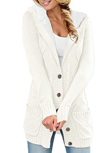 Aleumdr Strickjacke Damen mit Kapuze Lange Strickjacke Damen Cardigan Grobstrick Winter Stickpullover für Damen Strickmantel Dicke Kaputzenjacken gefüttert Slim Fit Fleecejacke mit Taschen,Weiß XXL von Aleumdr