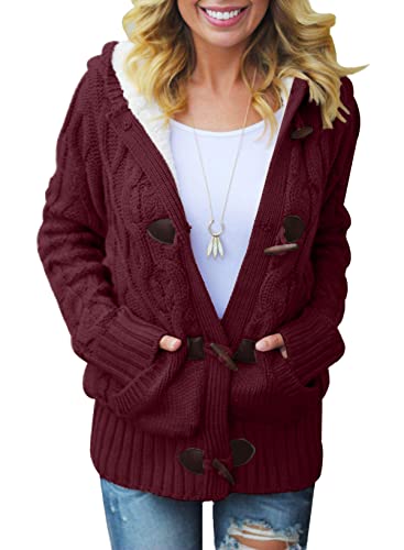 Aleumdr Strickjacke Damen mit Kapuze Strickjacke Pullover Damen Cardigan Grobstrick Winter Stickpullover für Damen Strickmantel Dicke Kaputzenjacken gefüttert Oversize Fleecejacke mit Taschen,Rot M von Aleumdr