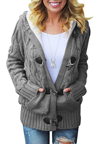 Aleumdr Strickjacke Damen mit Kapuze gefüttert Zopfmuster Grobstrick Outwear Cardigan Kapuzenjacke warm Winter Grau XXL von Aleumdr