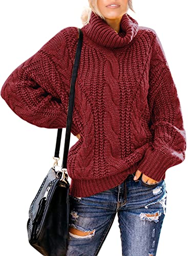 Aleumdr Strickpullover Damen Rollkragenpullover Elegant Damen Oversize Grobstrick Pullover Winterpullover Causal Strickpulli Sweater Festliche Pullover, Rot L von Aleumdr