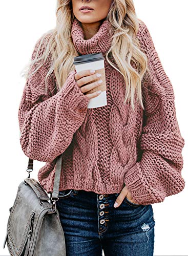 Aleumdr Strickpullover Damen Rollkragenpullover Elegant Pullover Damen Oversize Grobstrick Winterpullover Causal Strickpulli Sweater Pink L von Aleumdr