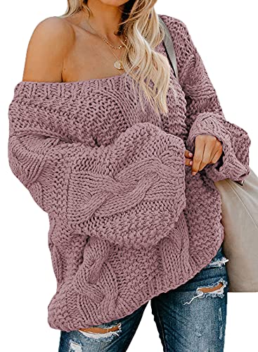 Aleumdr Strickpullover Damen V-Ausschnitt Damen Pullover Oversize Grobstrick Winterpullover Strickpulli Causal Stricksweater Festliche Pullover Pink S von Aleumdr