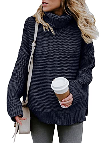 Aleumdr Strickpullover Grobstrick Damen Rollkragenpullover Strickpulli Pullover Pulli Langarm Sweater Loose Casual elegant Blau M von Aleumdr