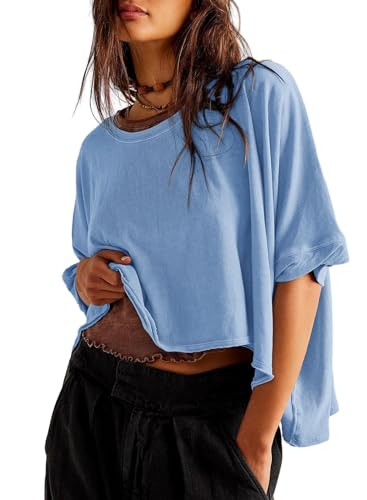 Aleumdr T-Shirt Damen Oversize Kurzarm Top Damen Sommer Oberteile Locker Bluse Damen Sommer Blau Größe Groß Large von Aleumdr