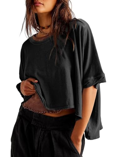 Aleumdr T-Shirt Damen Oversize Kurzarm Top Damen Sommer Oberteile Locker Bluse Damen Sommer Schwarz Größe Groß Large von Aleumdr