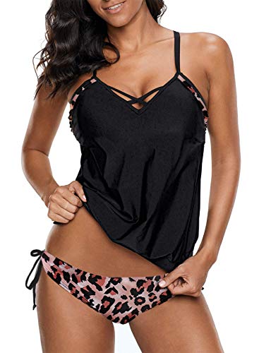 Aleumdr Tankini Damen Bauchweg Bademode Damen Set Zweiteilig Tankini Push up mit Shorts Tankinis für Damen Sport Badeanzug Damen Bikini Schwimmanzug Set mit Bügel,Leopard XXL von Aleumdr