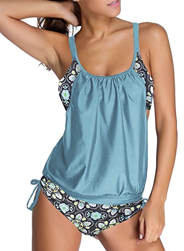 Aleumdr Tankini Damen Bauchweg Bademode Set Damen Tankini Große Größen Schwimmanzug Damen Sportlich Tankinis für Damen Bikini Set Tankini Damen Push up Badeanzug mit Badeshorts,Himmelblau S von Aleumdr