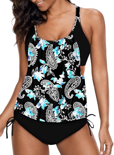 Aleumdr Tankini Damen Bauchweg Bademode Set Damen Tankini Große Größen Schwimmanzug Damen Sportlich Tankinis für Damen Bikini Set Tankini Damen Push up mit Badeshorts,Blau Blumen L von Aleumdr
