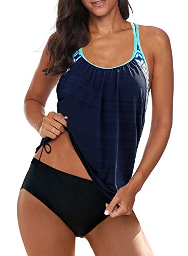 Aleumdr Tankini Damen Bauchweg Bademode Set Zweiteilig Tankinis Push up Sommer Badeanzug Damen Sportlich Tankini Set Zwei Stück Badeanzüge für Damen Bikini Set Swimsuit mit Cups,Dunkelblau L von Aleumdr