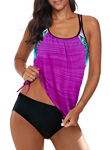 Aleumdr Tankini Damen Bauchweg Bademode Set Zweiteilig Tankinis Push up Sommer Badeanzug Damen Sportlich Tankini Set Zwei Stück Badeanzüge für Damen Bikini Set Swimsuit mit Cups,Lila L von Aleumdr