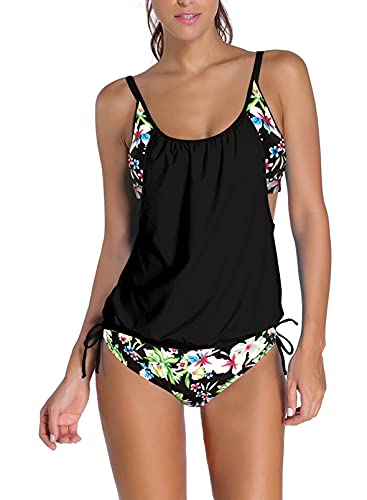 Aleumdr Tankini Damen Bauchweg Zweiteilig Damen Bademode Set Badeanzüge Tankini Set Push up mit Dreieck Unterhosen Schwarz und Blumen S von Aleumdr