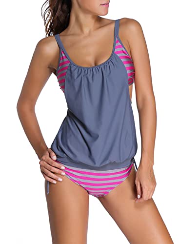 Aleumdr Tankini Damen Zweiteiler Tankini Set Push up Badeanzug Tankini Damen Bauchweg Bademode mit Dreieck Unterhosen Schwimmanzug Beachwear Grau L von Aleumdr