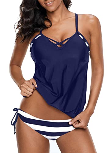 Aleumdr Tankini Set Damen Bauchweg Sportlich Tankinis Damen Zweiteiler Badeanzüge Push up Bademode Set Damen Tankini Oberteil Badebekleidung mit Badeshorts,Blau XL von Aleumdr