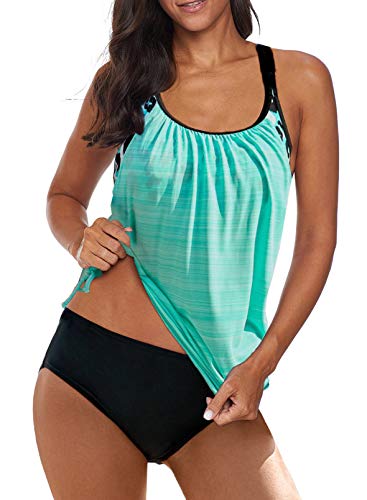 Aleumdr Tankini Set Damen Bauchweg Tankinis Push Up Damen Zweiteiler Badeanzüge Bademode Set Damen Sportlich Tankini Oberteil Bikini Set Badebekleidung mit Badeshorts,Sky Blau L von Aleumdr