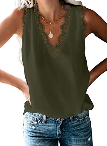 Aleumdr Top Damen Sexy Top V-Ausschnitt Top mit Spitze Ärmellose Tank Top Weste Slip Sommer Strand Vest Top Bluse 1-grün M von Aleumdr