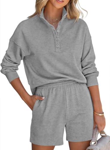 Aleumdr Trainingsanzug Damen Hausanzug Loungewear Damen Set Zweiteiler Freizeitanzug poloshirt und Kurze Sporthose mit Taschen Grau Größe M von Aleumdr