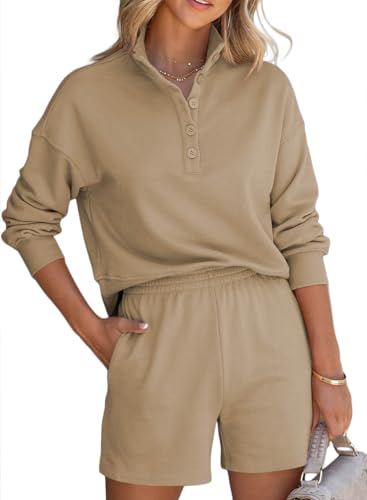 Aleumdr Trainingsanzug Damen Hausanzug Loungewear Damen Set Zweiteiler Freizeitanzug poloshirt und Kurze Sporthose mit Taschen Khaki Größe M von Aleumdr