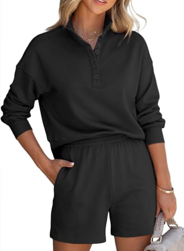 Aleumdr Trainingsanzug Damen Hausanzug Loungewear Damen Set Zweiteiler Freizeitanzug poloshirt und Kurze Sporthose mit Taschen Schwarz Größe M von Aleumdr