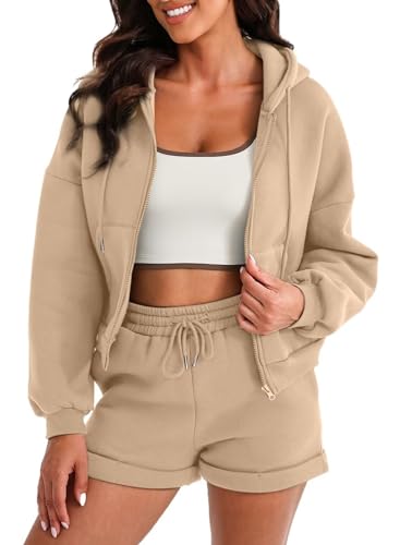 Aleumdr Zweiteiler Damen Elegant Trainingsanzug Damen Kurz Jogginganzug Set Hoodie und Hose Freizeitanzug Damen Zweiteiler Set Langarm Hoodie Damen Hausanzug mit Kapuze,Beige L von Aleumdr