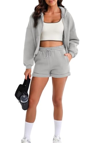 Aleumdr Zweiteiler Damen Elegant Trainingsanzug Damen Kurz Jogginganzug Set Hoodie und Hose Freizeitanzug Damen Zweiteiler Set Langarm Hoodie Damen Hausanzug mit Kapuze,Grau S von Aleumdr