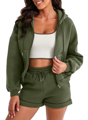 Aleumdr Zweiteiler Damen Elegant Trainingsanzug Damen Kurz Jogginganzug Set Hoodie und Hose Freizeitanzug Damen Zweiteiler Set Langarm Hoodie Damen Hausanzug mit Kapuze,Grün M von Aleumdr