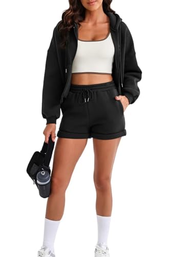 Aleumdr Zweiteiler Damen Elegant Trainingsanzug Damen Kurz Jogginganzug Set Hoodie und Hose Freizeitanzug Damen Zweiteiler Set Langarm Hoodie Damen Hausanzug mit Kapuze,Schwarz M von Aleumdr