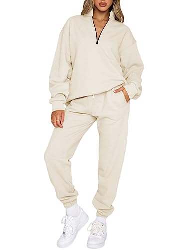 Aleumdr Zweiteiler Damen Lang Trainingsanzug Damen Jogginganzug Set Sweatshirt mit Reißverschluss und Hose Elegant Freizeitanzug Damen Zweiteiler Set Sport Hosenanzug，Beige M von Aleumdr