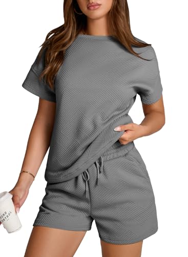 Aleumdr Zweiteiler Damen Sommer Kurzarm Hausanzug set 2 Teiliges Outfit Damen Freizeitanzug set Trainingsanzug Damen Elegant Tshirt mit Shorts Hosenanzug,Dunkelgrau XXL Aleumdr Zweiteiler Damen Sommer Kurzarm Hausanzug set 2 Teiliges Outfit Damen Freizeitanzug set Trainingsanzug Damen Elegant Tshirt mit Shorts Hosenanzug,Dunkelgrau XXL von Aleumdr