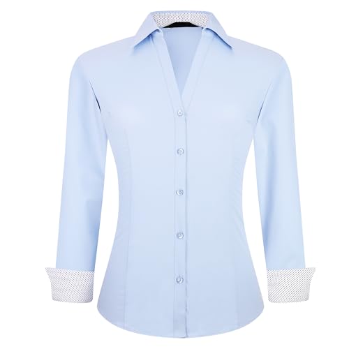 Alex Vando Damen Bluse aus Bambus Hemdbluse Button Down Bügelfreie Business Hemd Damen Langarm Casual Arbeitshemd, Blau, XXL von Alex Vando