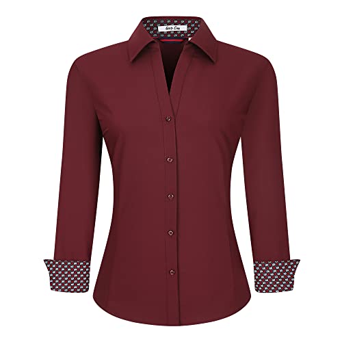 Alex Vando Damen Bluse aus Bambus Hemdbluse Button Down Bügelfreie Business Hemd Damen Langarm Casual Arbeitshemd, Burgunderrot, S von Alex Vando