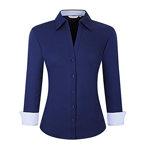 Alex Vando Damen Bluse aus Bambus Hemdbluse Button Down Bügelfreie Business Hemd Damen Langarm Casual Arbeitshemd, Dunkelblau, XL von Alex Vando