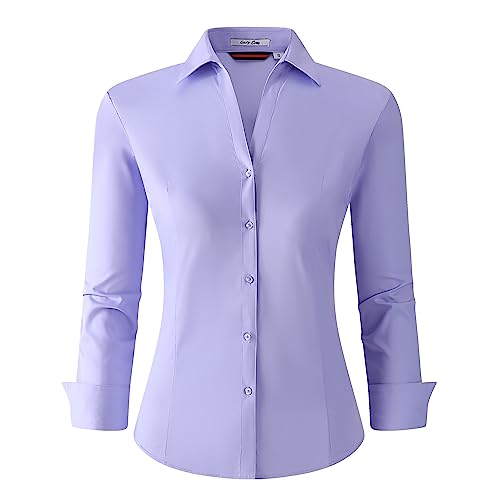 Alex Vando Damen Bluse aus Bambus Hemdbluse Button Down Bügelfreie Business Hemd Damen Langarm Casual Arbeitshemd, Flieder, S von Alex Vando