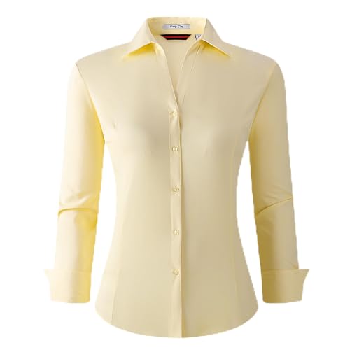 Alex Vando Damen Bluse aus Bambus Hemdbluse Button Down Bügelfreie Business Hemd Damen Langarm Casual Arbeitshemd, Gelb, L von Alex Vando