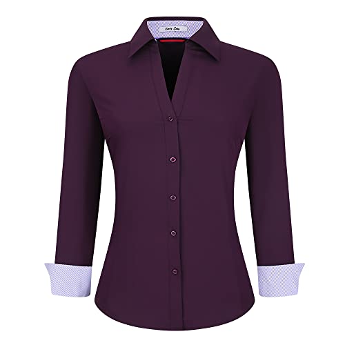 Alex Vando Damen Bluse aus Bambus Hemdbluse Button Down Bügelfreie Business Hemd Damen Langarm Casual Arbeitshemd, Lila, L von Alex Vando