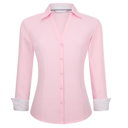 Alex Vando Damen Bluse aus Bambus Hemdbluse Button Down Bügelfreie Business Hemd Damen Langarm Casual Arbeitshemd, Rosa, XXL von Alex Vando