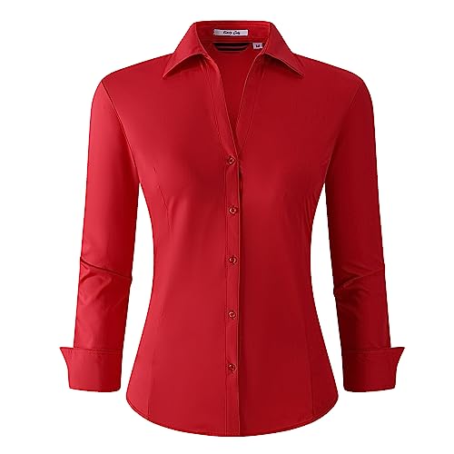 Alex Vando Damen Bluse aus Bambus Hemdbluse Button Down Bügelfreie Business Hemd Damen Langarm Casual Arbeitshemd, Rot, L von Alex Vando