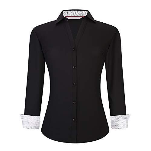 Alex Vando Damen Bluse aus Bambus Hemdbluse Button Down Bügelfreie Business Hemd Damen Langarm Casual Arbeitshemd, Schwarz, M von Alex Vando