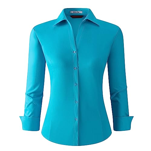 Alex Vando Damen Bluse aus Bambus Hemdbluse Button Down Bügelfreie Business Hemd Damen Langarm Casual Arbeitshemd, Türkis, XL von Alex Vando